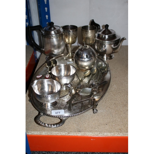 377 - Silver-plate to include a serving tray, goblets, flatware, etc.