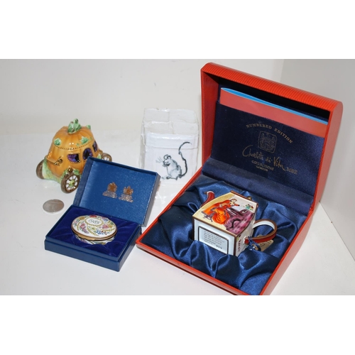 385 - Halcyon Days trinket box, a limited edition Charlotte Di Vita teapot boxed, a Coalport Cinderella's ... 