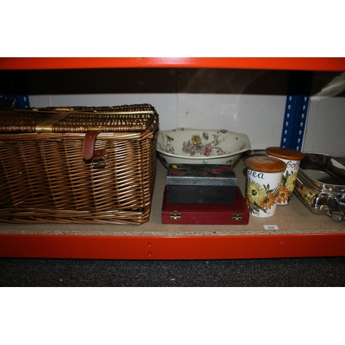 410 - Cased steak knives, a butterfly and flower design jewellery box, a large ceramic bowl, etc.