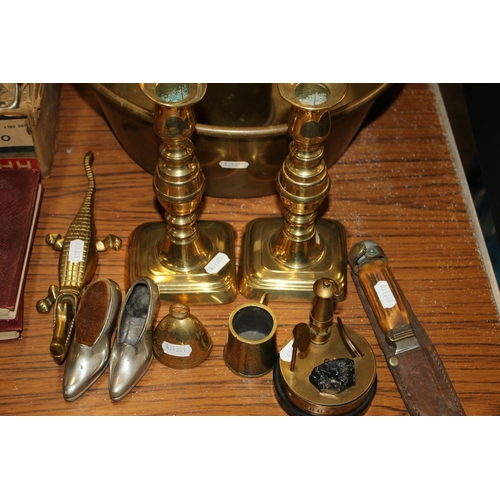 428 - Rostfrei hunting knife, brass candlesticks, a brass jelly pan, etc.