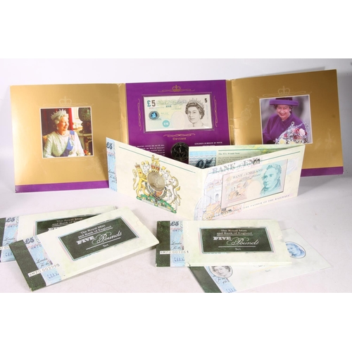 487 - The Royal Mint and Bank of England Five Pound £5 coin and banknote set 1996 x3 and another 200... 