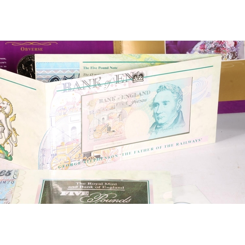 487 - The Royal Mint and Bank of England Five Pound £5 coin and banknote set 1996 x3 and another 200... 