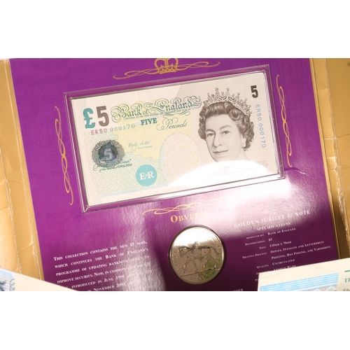 487 - The Royal Mint and Bank of England Five Pound £5 coin and banknote set 1996 x3 and another 200... 