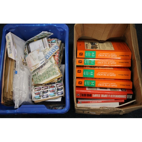 496 - Large box of used GB kiloware and a box of stamp catalogues including Stanley Gibbons. (2)