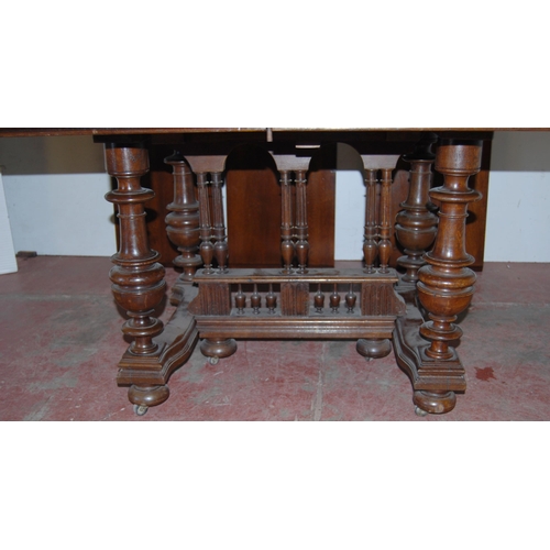 441 - Antique-style oak extending dining table with three additional leaves, on central balustrade column ... 