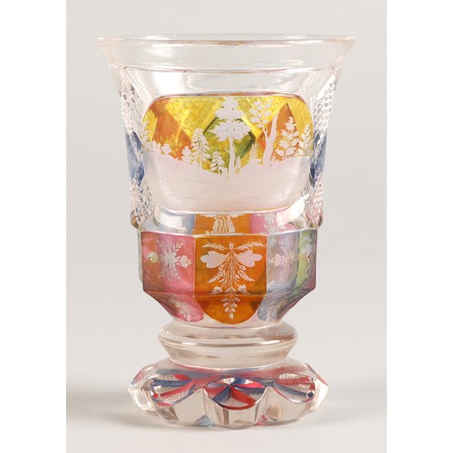 227 - Bohemian glass beaker with engraved hunting scene, clear with pink,blue and amber flashed decoration... 