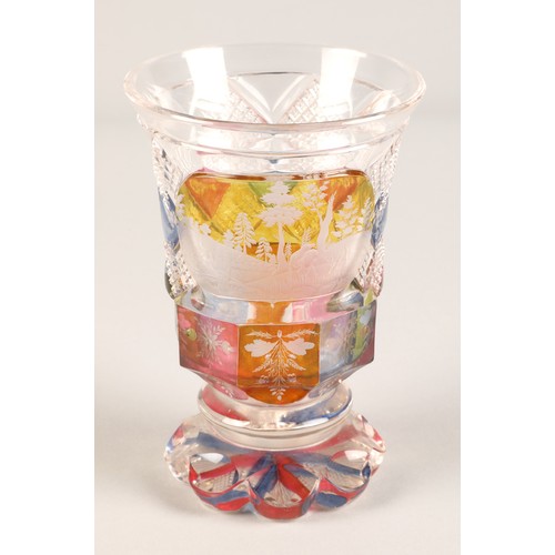 227 - Bohemian glass beaker with engraved hunting scene, clear with pink,blue and amber flashed decoration... 