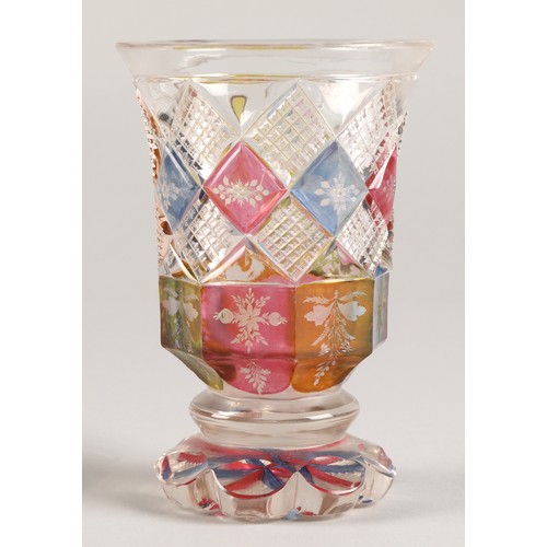 227 - Bohemian glass beaker with engraved hunting scene, clear with pink,blue and amber flashed decoration... 