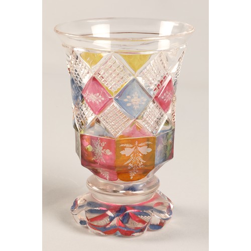 227 - Bohemian glass beaker with engraved hunting scene, clear with pink,blue and amber flashed decoration... 