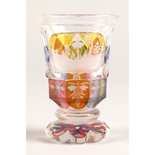 227 - Bohemian glass beaker with engraved hunting scene, clear with pink,blue and amber flashed decoration... 