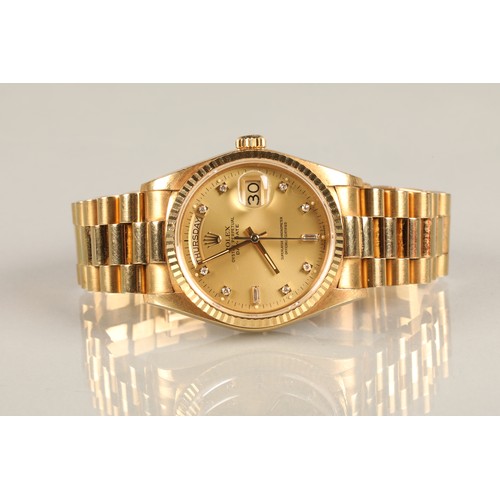 116 - Rolex Oyster Perpetual Day-Date 18k gold Gentleman's wrist watch. Gold coloured dial with Diamond ho... 