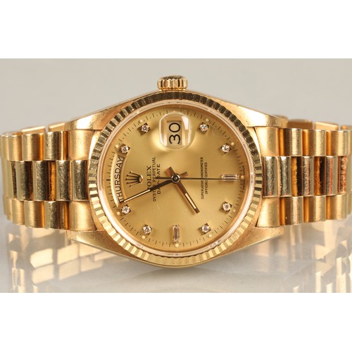 116 - Rolex Oyster Perpetual Day-Date 18k gold Gentleman's wrist watch. Gold coloured dial with Diamond ho... 