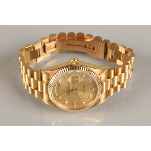 116 - Rolex Oyster Perpetual Day-Date 18k gold Gentleman's wrist watch. Gold coloured dial with Diamond ho... 