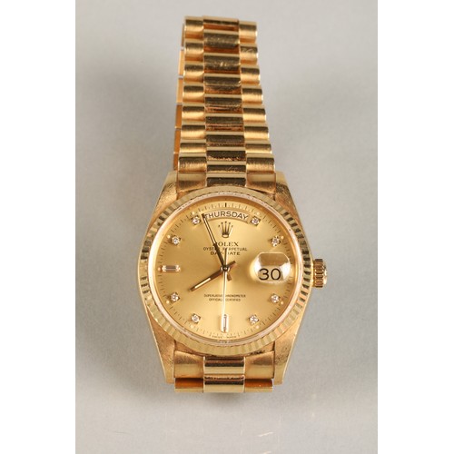 116 - Rolex Oyster Perpetual Day-Date 18k gold Gentleman's wrist watch. Gold coloured dial with Diamond ho... 