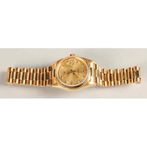 116 - Rolex Oyster Perpetual Day-Date 18k gold Gentleman's wrist watch. Gold coloured dial with Diamond ho... 