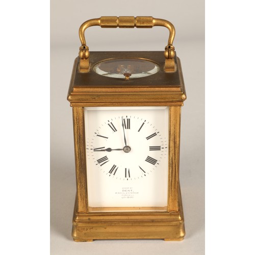 284 - French brass repeating carriage clock, engraved AIGUILLES on the back,  Examp by Dent, 4 Royal Excha... 