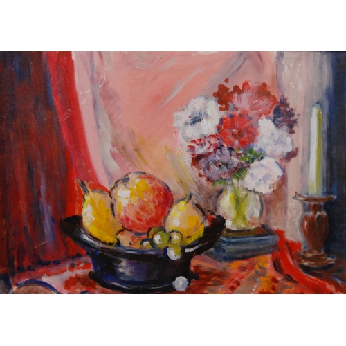 377 - M Hay (Scottish, 20th Century)Still life of fruit and flowersSigned, oil on board, 34cm x 44cm.... 