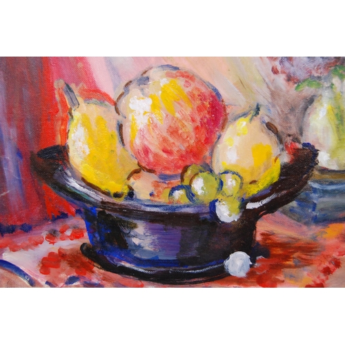 377 - M Hay (Scottish, 20th Century)Still life of fruit and flowersSigned, oil on board, 34cm x 44cm.... 