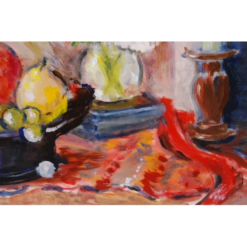 377 - M Hay (Scottish, 20th Century)Still life of fruit and flowersSigned, oil on board, 34cm x 44cm.... 