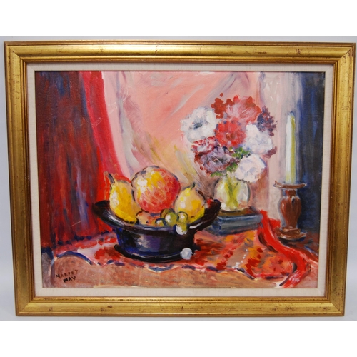 377 - M Hay (Scottish, 20th Century)Still life of fruit and flowersSigned, oil on board, 34cm x 44cm.... 