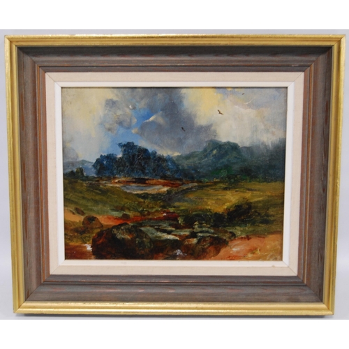 381 - 19th Century British SchoolLandscape sceneUnsigned, oil on canvas, 18.5cm x 23.5cm.Label verso for B... 