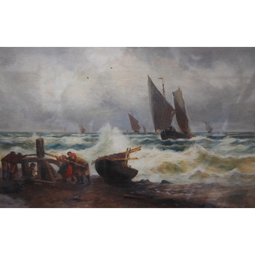 390 - Samuel Bough RSA RSW (British, 1822 - 1878)Fishing boats on a stormy sea, probably east coast of Sco... 