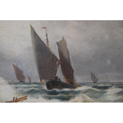 390 - Samuel Bough RSA RSW (British, 1822 - 1878)Fishing boats on a stormy sea, probably east coast of Sco... 