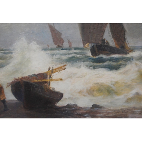 390 - Samuel Bough RSA RSW (British, 1822 - 1878)Fishing boats on a stormy sea, probably east coast of Sco... 