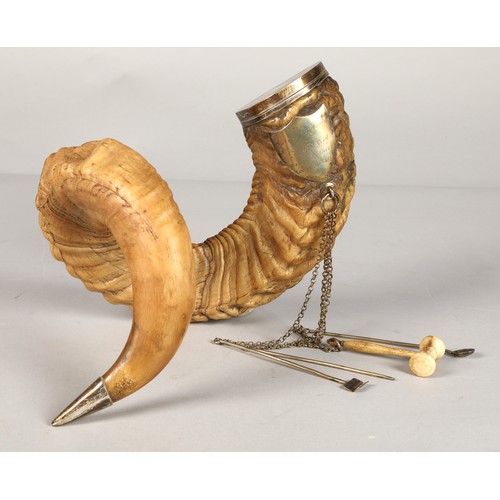 181 - 19th Century silver plated Rams horn table snuff mull with tools, 28 cm, with plaque inscribed' From... 