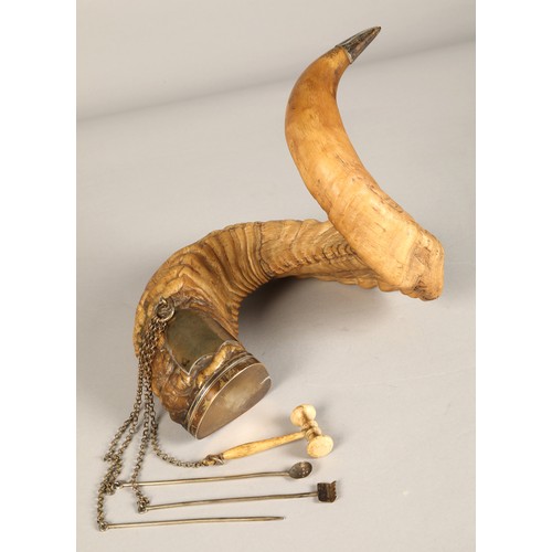 181 - 19th Century silver plated Rams horn table snuff mull with tools, 28 cm, with plaque inscribed' From... 