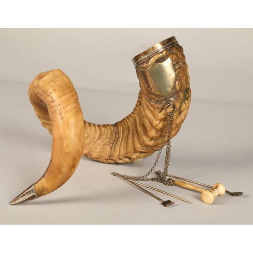 181 - 19th Century silver plated Rams horn table snuff mull with tools, 28 cm, with plaque inscribed' From... 