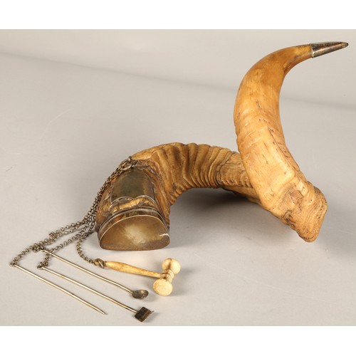 181 - 19th Century silver plated Rams horn table snuff mull with tools, 28 cm, with plaque inscribed' From... 