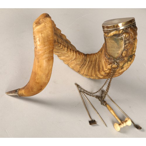 181 - 19th Century silver plated Rams horn table snuff mull with tools, 28 cm, with plaque inscribed' From... 