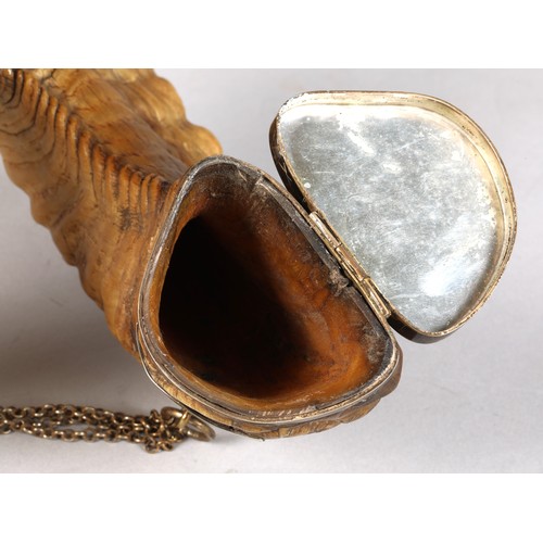 181 - 19th Century silver plated Rams horn table snuff mull with tools, 28 cm, with plaque inscribed' From... 