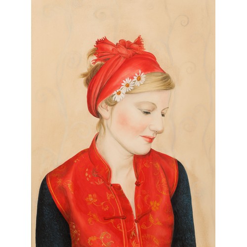 360 - Gentian Lulani ( Albanian born 1972) ARR'Portrait of a lady in red'Framed, mixed media38 cm x 29 cm... 