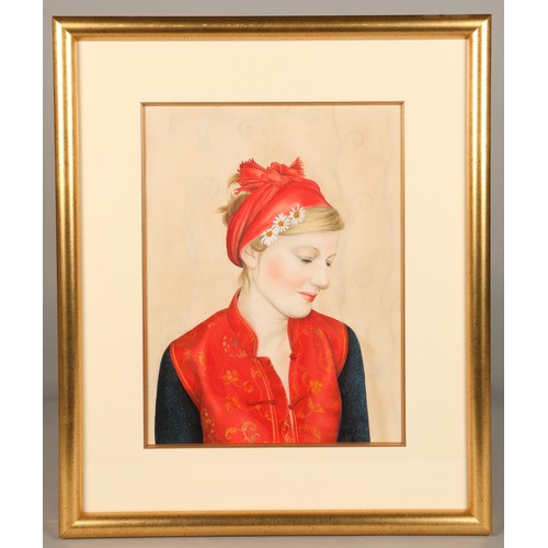 360 - Gentian Lulani ( Albanian born 1972) ARR'Portrait of a lady in red'Framed, mixed media38 cm x 29 cm... 