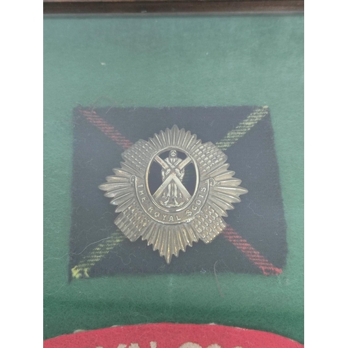 360 - Framed collection of British military cap badges mostly Victorian and WW1 and relating to Scottish r... 