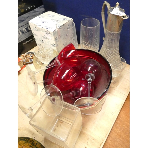 515 - Various glassware including cranberry glass.