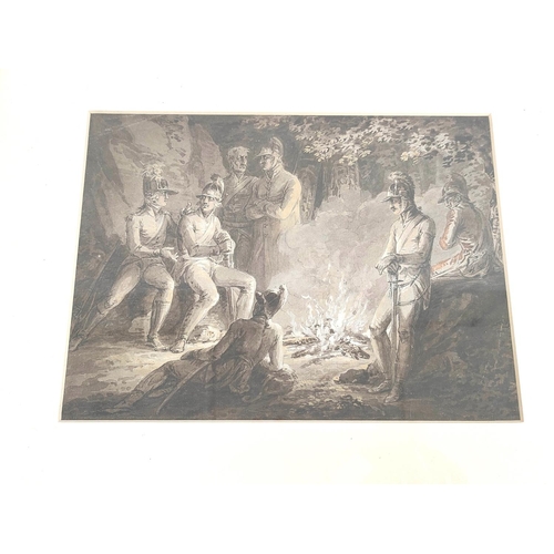 248 - Artist Unknown, 19th Century.Continental soldiers around a camp fire.Sepia heightened with white.17c... 