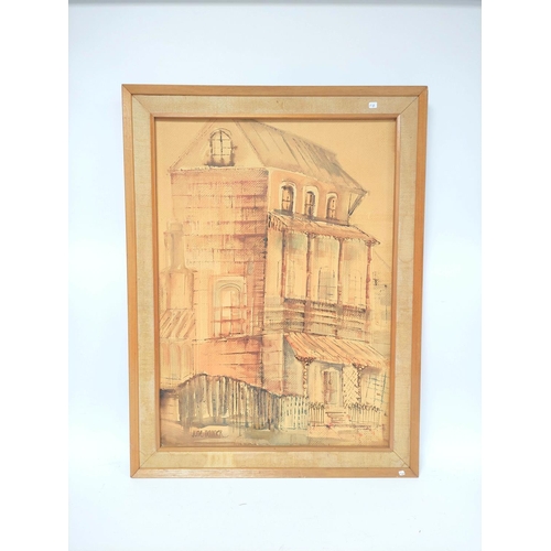 283 - June Tanner (Australian).Old building in Quorn.Mixed media on board.Signed.76cm x 54cm.To verso remn... 