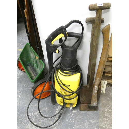 546 - Various tools to include Karcher, axe, spade etc.