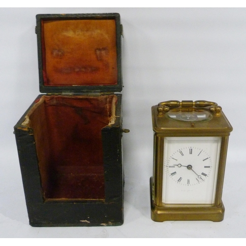 189 - Brass four glass carriage clock with movement viewing window to the top, 12cm high, with tooled case... 