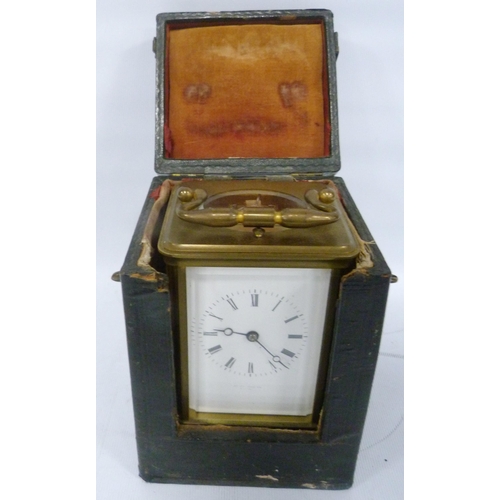 189 - Brass four glass carriage clock with movement viewing window to the top, 12cm high, with tooled case... 