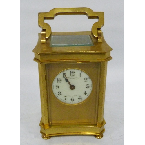 190 - Brass and gilt four glass carriage clock with movement viewing window to the top, inscribed to the e... 