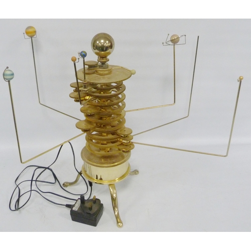 191 - Replica gilt metal revolving planet orrery in the form of the solar system, fitted for electricity, ... 