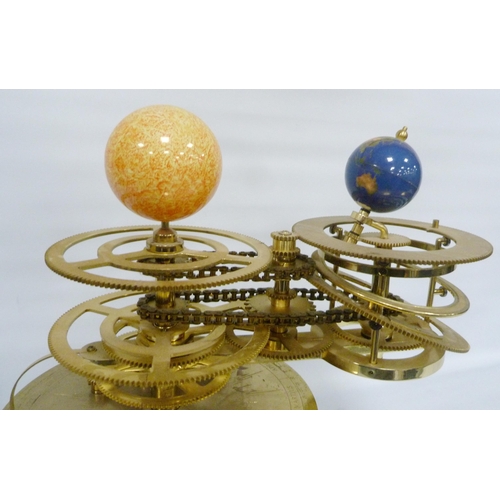 192 - Replica brass and gilt revolving three planet orrery with chain-driven mechanism, on a cylinder base... 