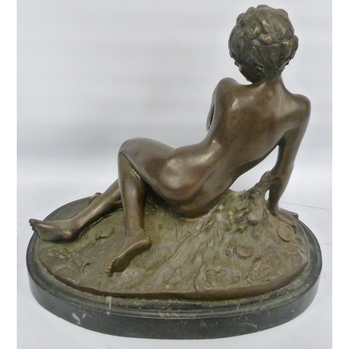 407 - After Mme Léon Bertaux (French, 1825 - 1909)Bronze statue modelled as a nude female reclining on a n... 