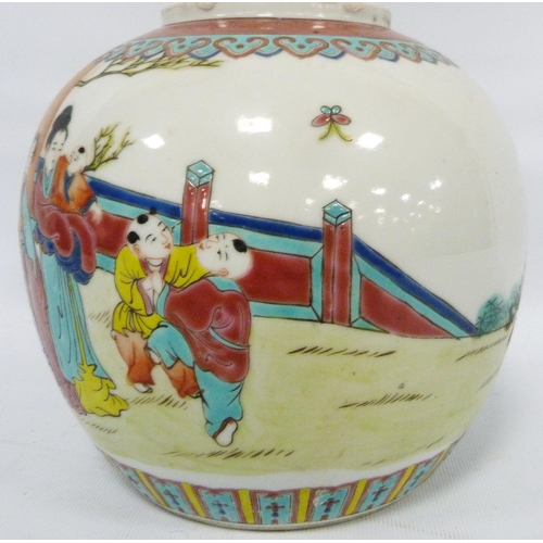 202 - Chinese famille rose oviform ginger jar and cover decorated with polychrome enamel decoration of hap... 