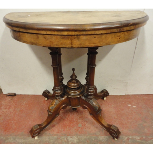 445 - Victorian figured walnut D-end card table, opening to reveal a later baize-lined surface, on quadrip... 