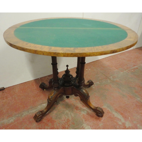 445 - Victorian figured walnut D-end card table, opening to reveal a later baize-lined surface, on quadrip... 